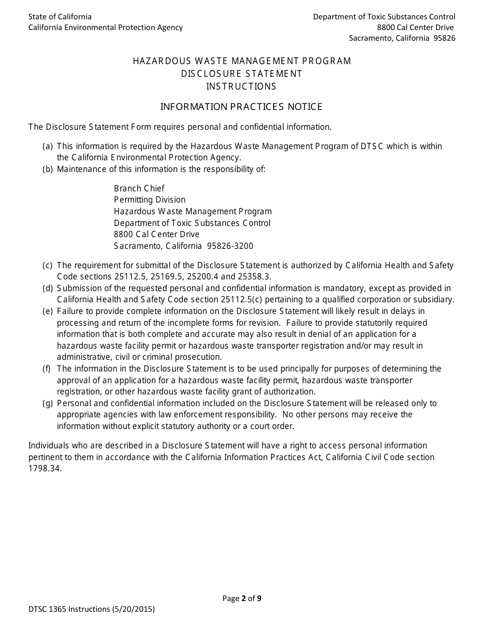 DTSC Form 1365 Disclosure Statement - Hazardous Waste Management Program - California, Page 2