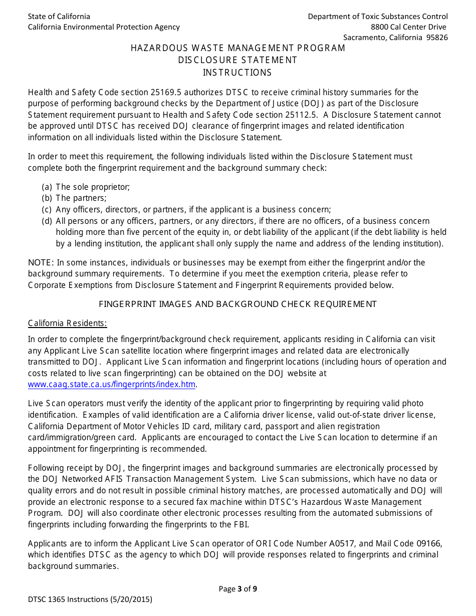 DTSC Form 1365 Disclosure Statement - Hazardous Waste Management Program - California, Page 3