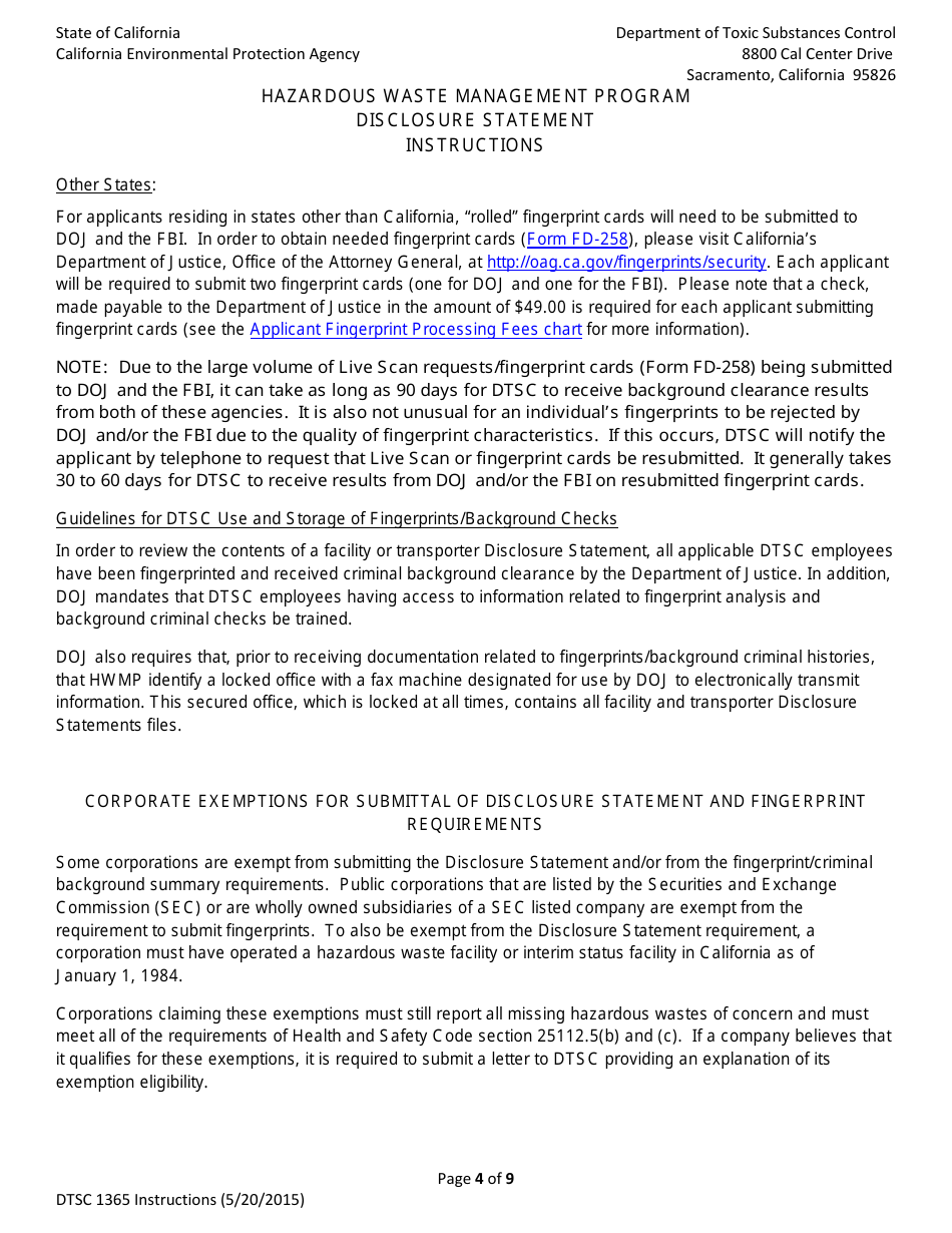 DTSC Form 1365 Disclosure Statement - Hazardous Waste Management Program - California, Page 4