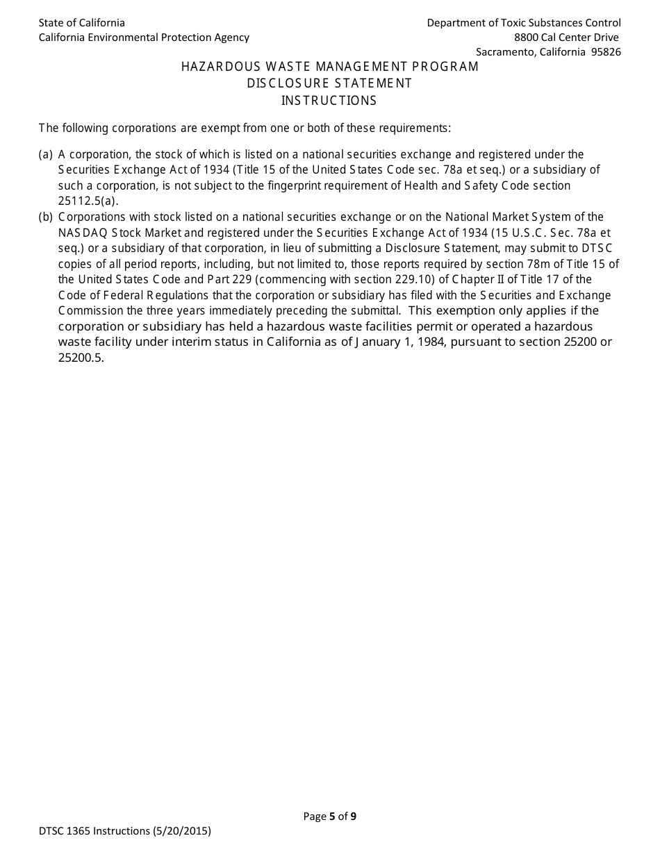 DTSC Form 1365 Disclosure Statement - Hazardous Waste Management Program - California, Page 5