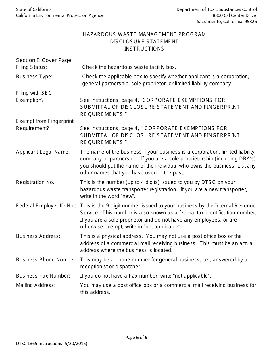 DTSC Form 1365 Disclosure Statement - Hazardous Waste Management Program - California, Page 6