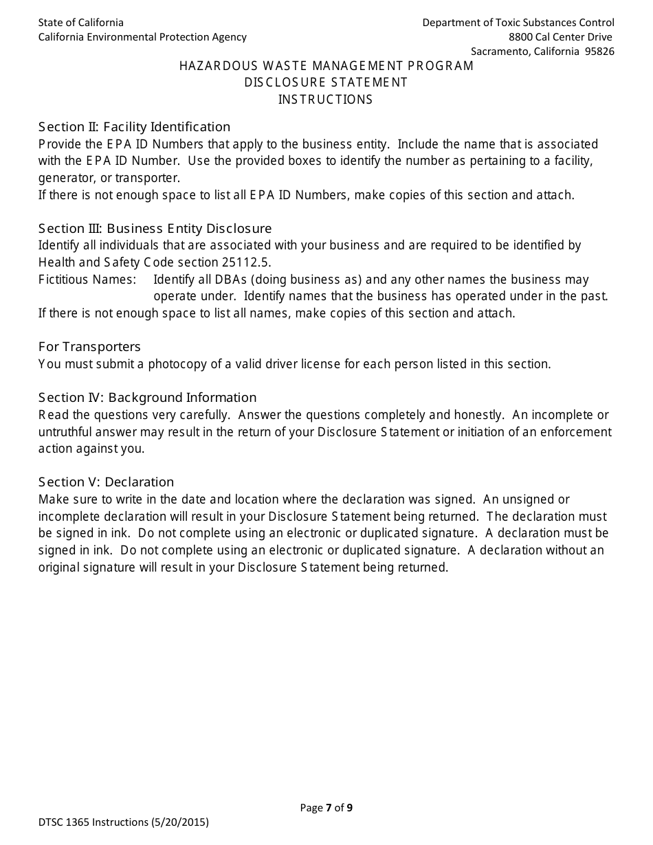 DTSC Form 1365 Disclosure Statement - Hazardous Waste Management Program - California, Page 7