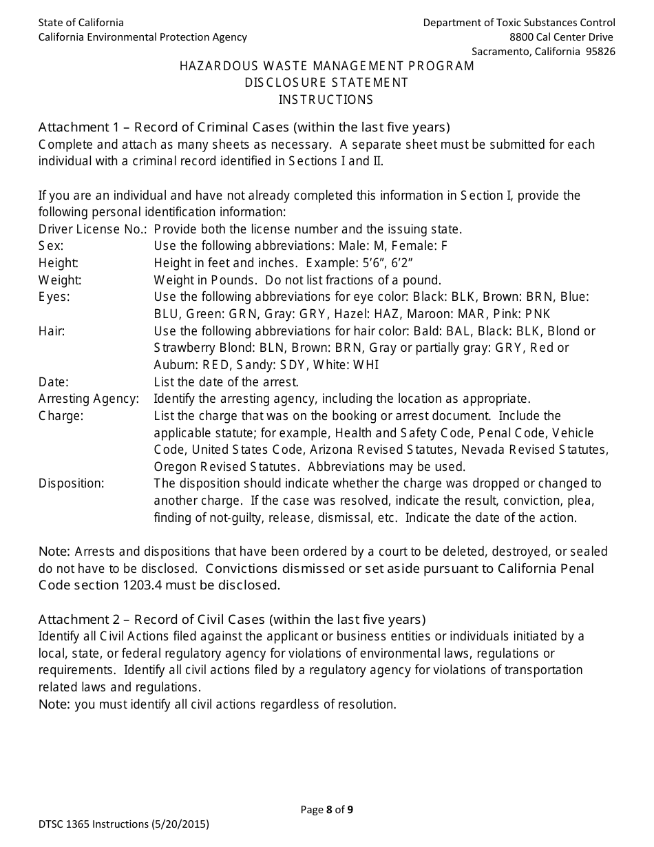 DTSC Form 1365 Disclosure Statement - Hazardous Waste Management Program - California, Page 8