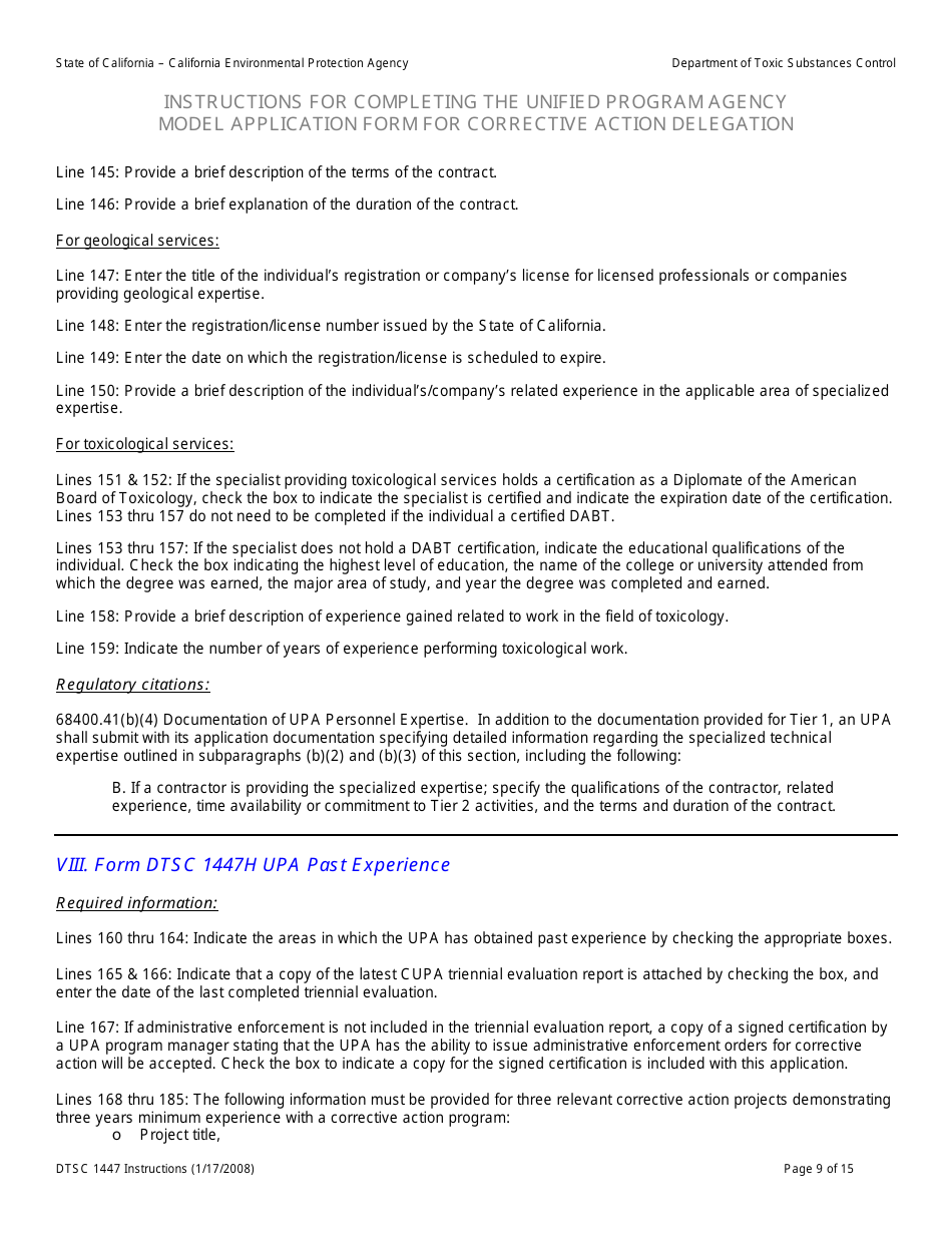 Instructions for DTSC Form 1447 Upa Model Application for Corrective Action Delegation - California, Page 10