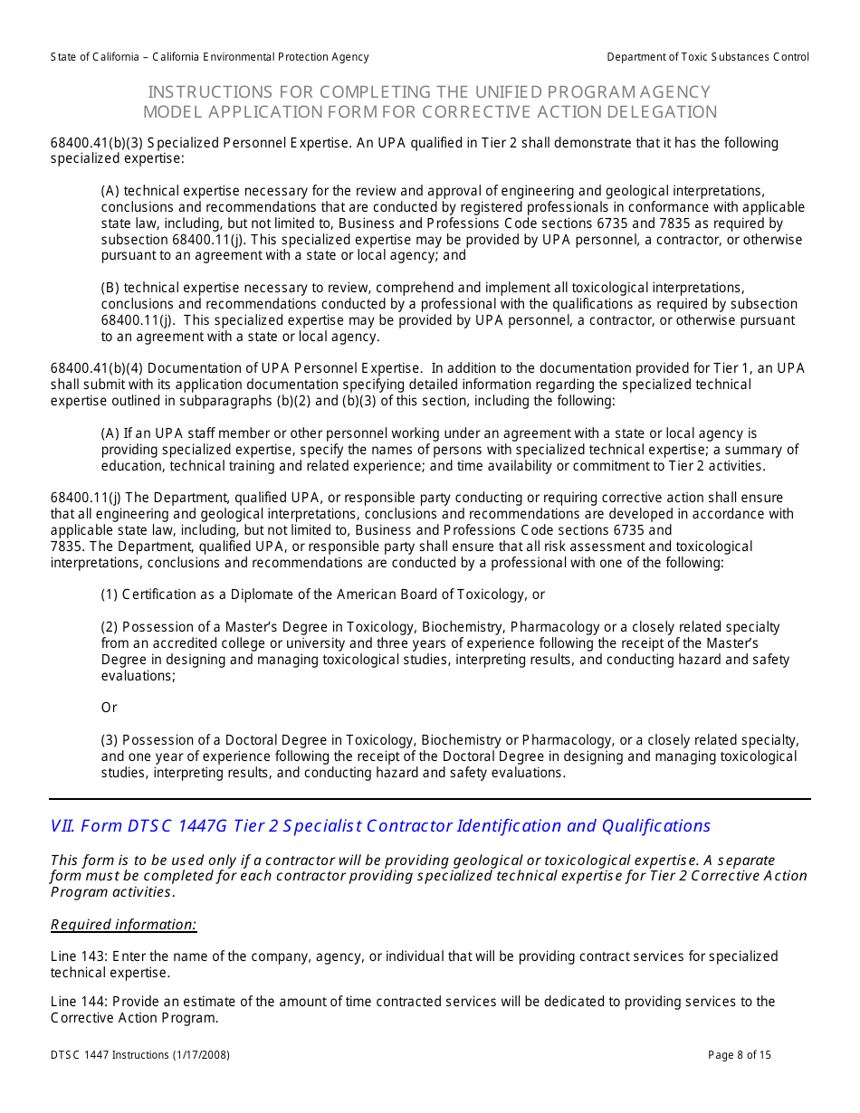 Instructions for DTSC Form 1447 Upa Model Application for Corrective Action Delegation - California, Page 9