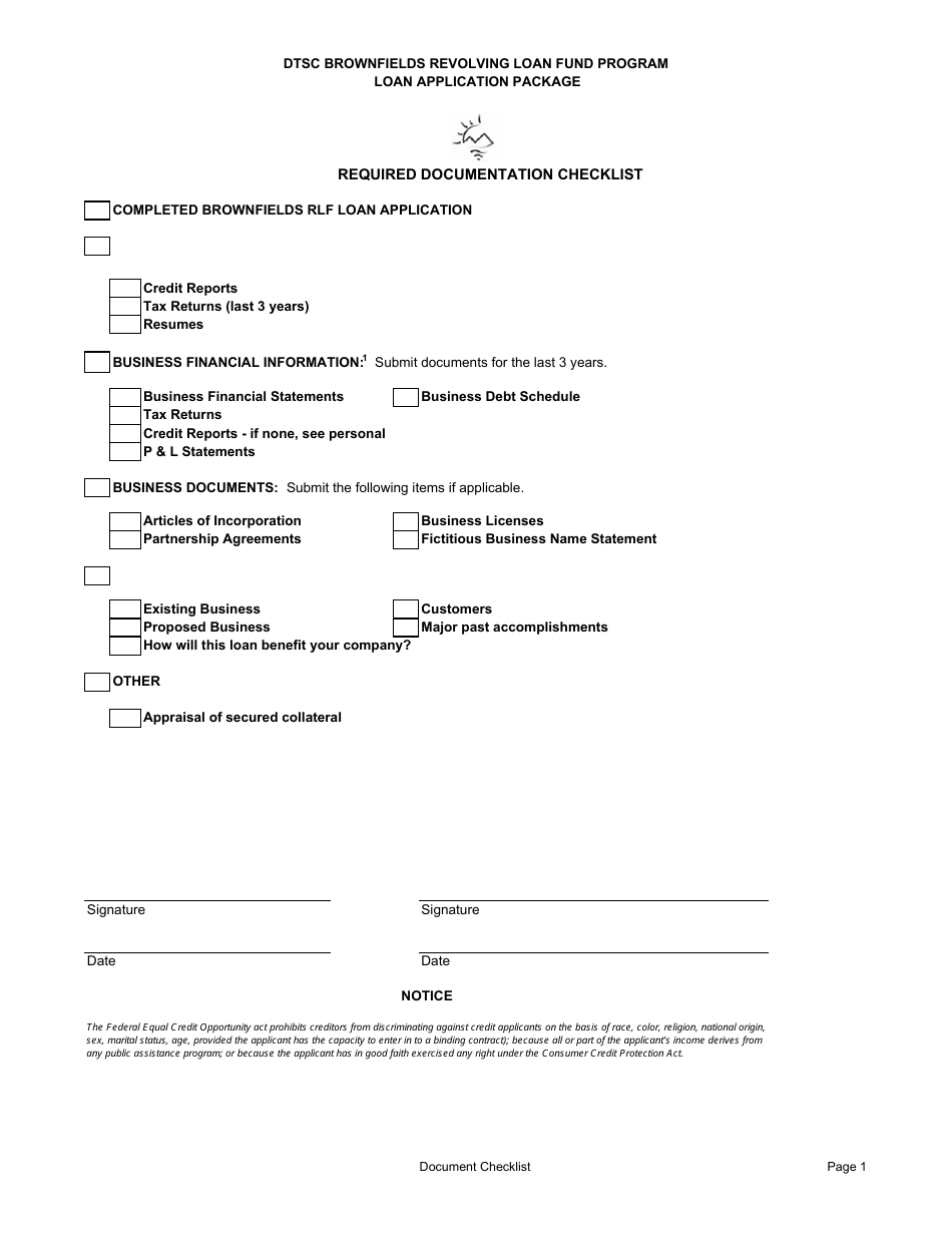 Required Documentation Checklist - DTSC Brownfields Revolving Loan Fund Program - California, Page 1