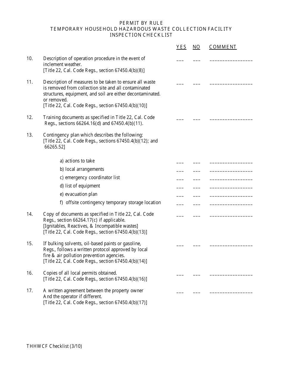 Permit by Rule Temporary Household Hazardous Waste Collection Facility Inspection Checklist - California, Page 3