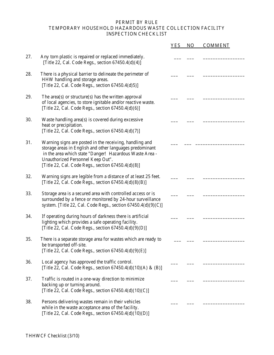 Permit by Rule Temporary Household Hazardous Waste Collection Facility Inspection Checklist - California, Page 5