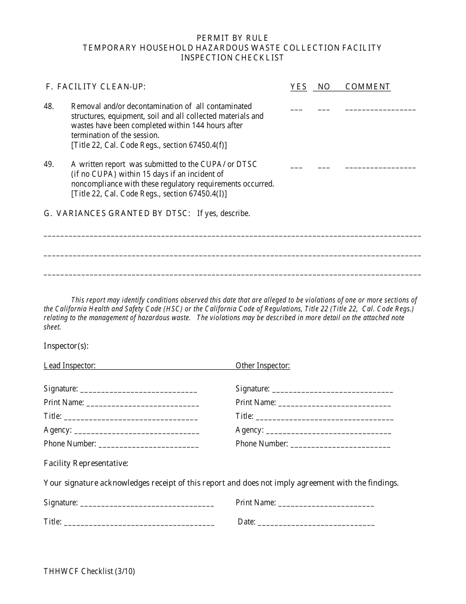 Permit by Rule Temporary Household Hazardous Waste Collection Facility Inspection Checklist - California, Page 7
