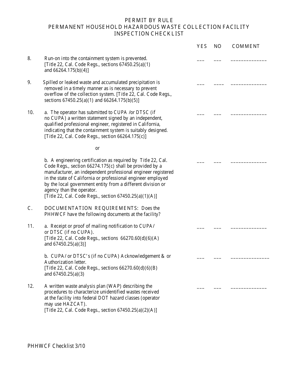 Permanent Household Hazardous Waste Collection Facility Inspection Checklist - California, Page 3