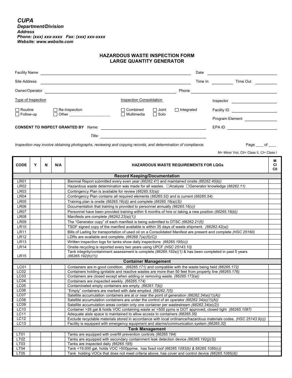 Hazardous Waste Inspection Form Large Quantity Generator - California, Page 1