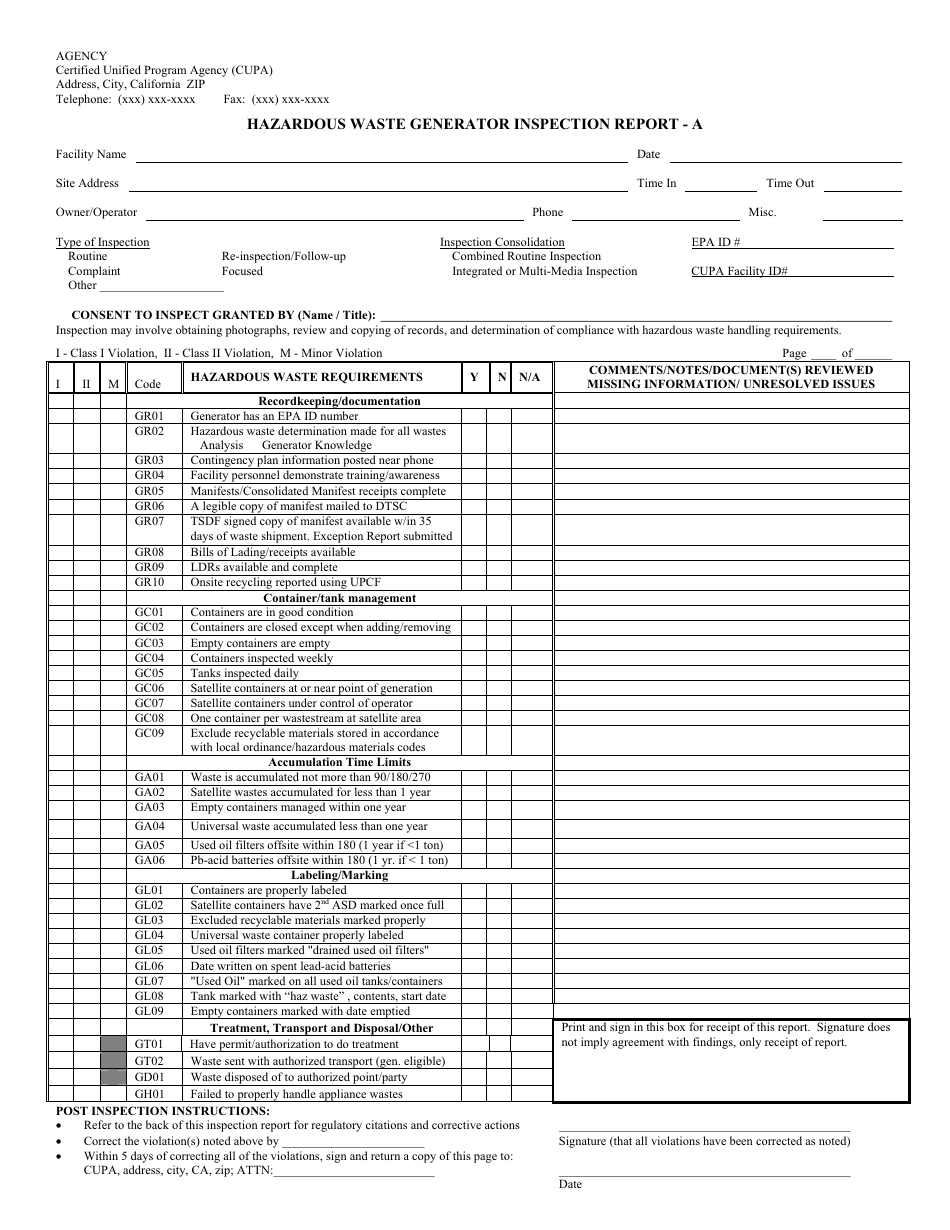 California Hazardous Waste Generator Inspection Report - Fill Out, Sign ...