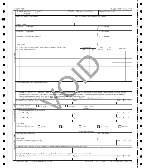 EPA Form 8700-22  Printable Pdf