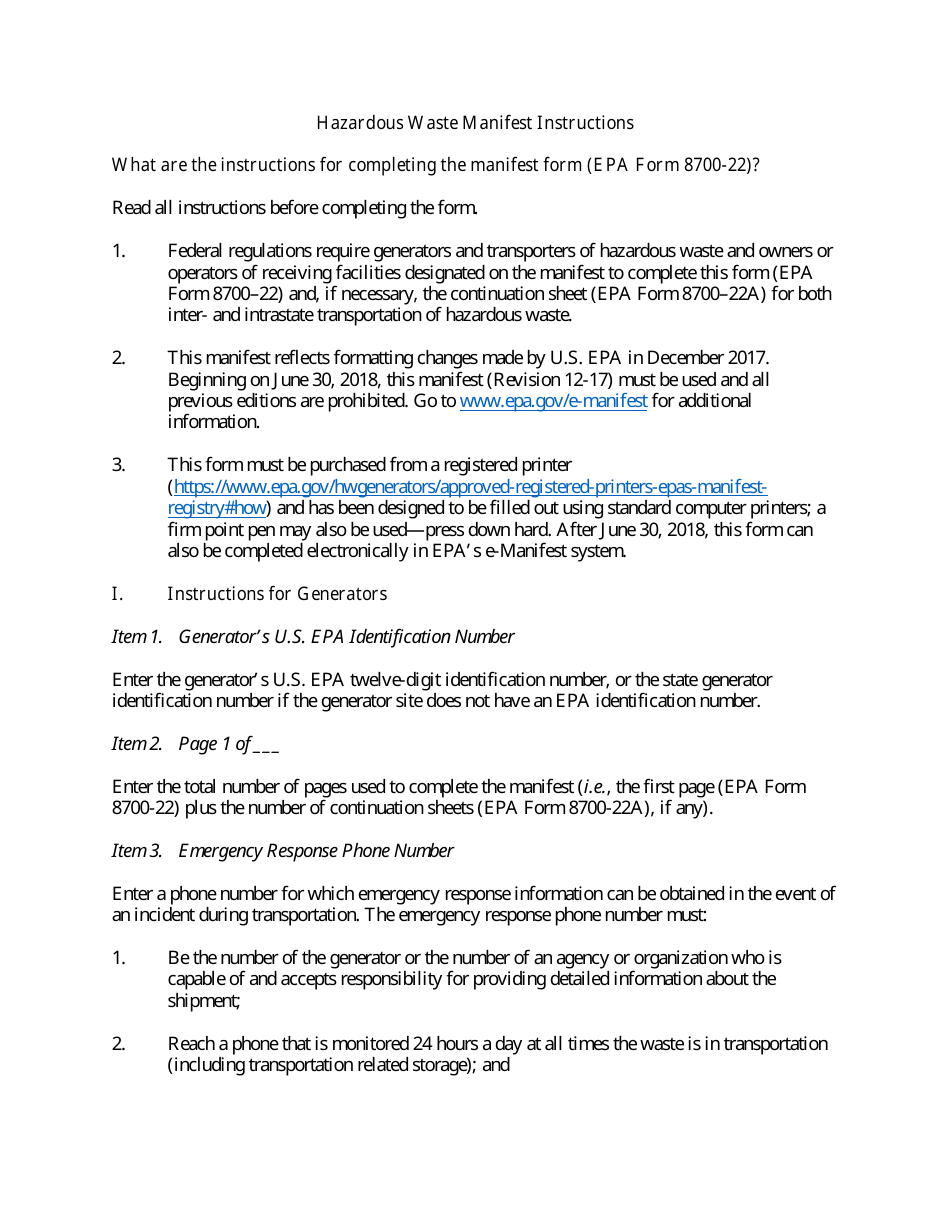 Instructions for EPA Form 8700-22 Uniform Hazardous Waste Manifest, Page 1