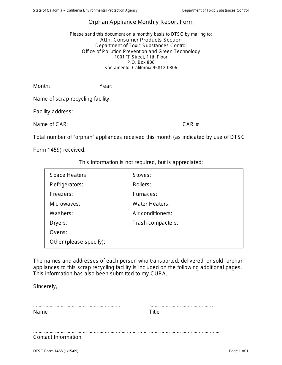 DTSC Form 1468 Orphan Appliance Monthly Report Form - California, Page 1