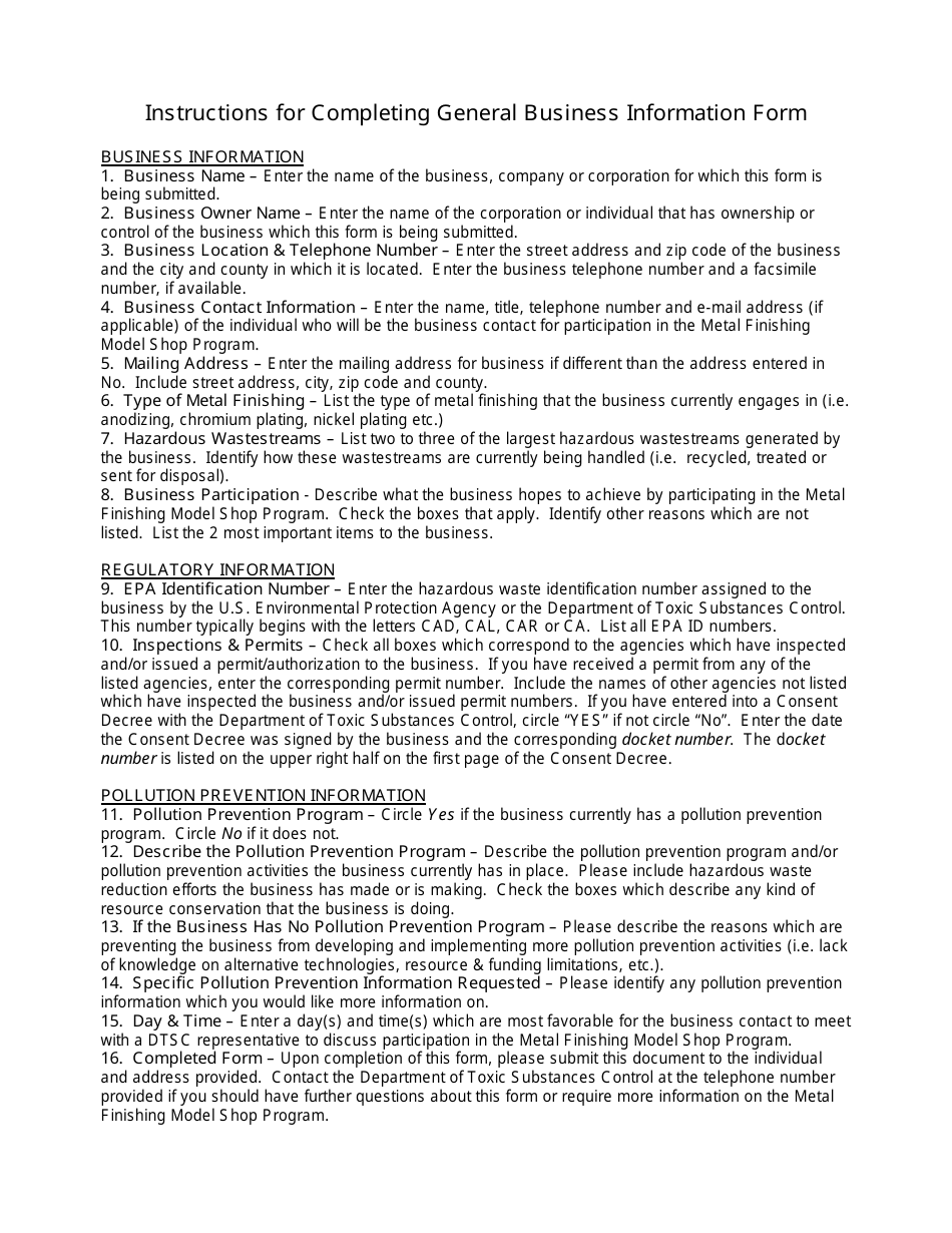 Instructions for General Business Information Form - California, Page 1