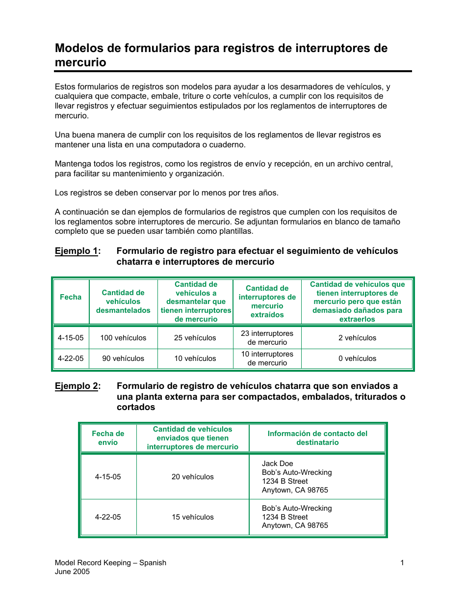 Modelos De Formularios Para Registros De Interruptores De Mercurio - California (Spanish), Page 1
