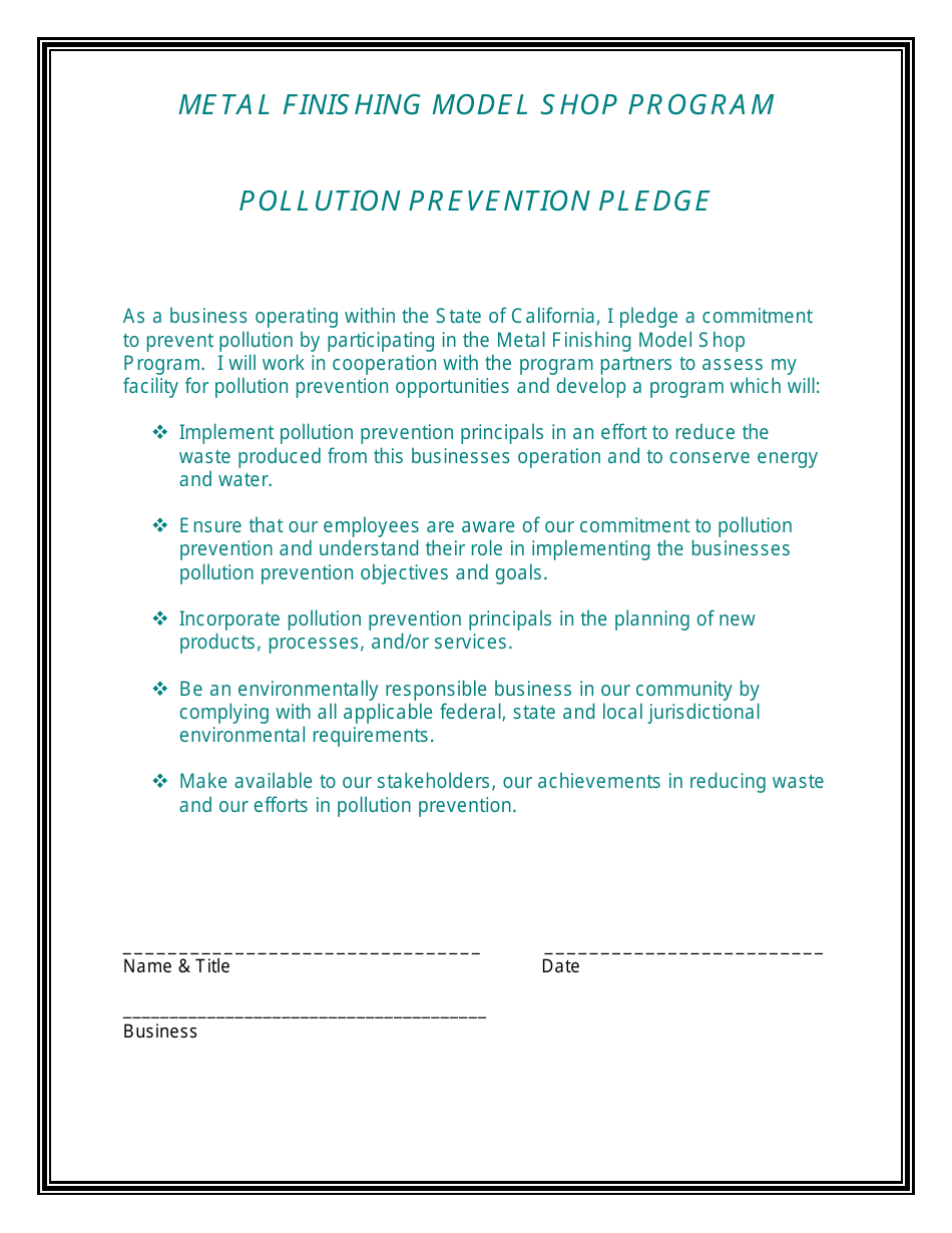 Pollution Prevention Pledge Form - Metal Finishing Model Shop Program - California, Page 1