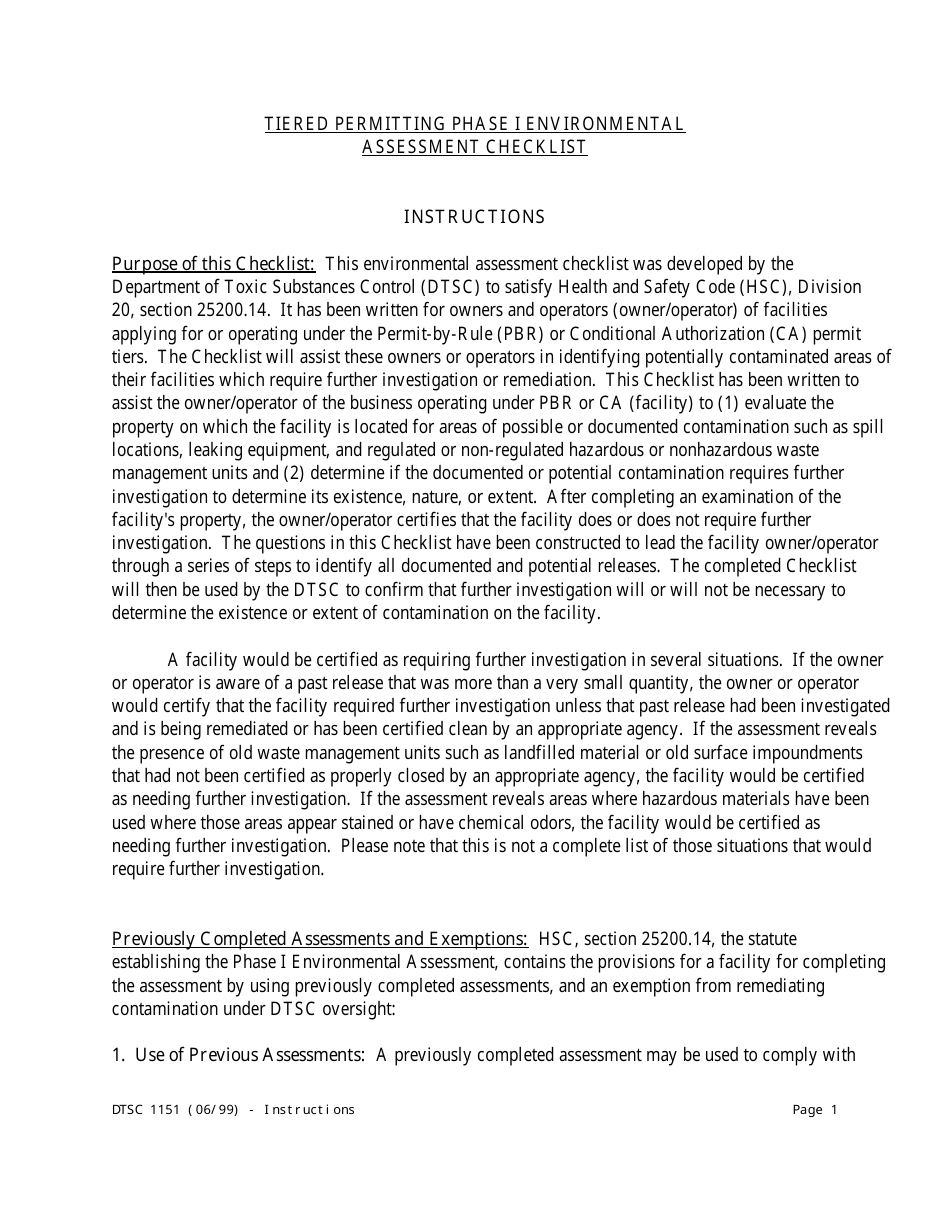 Download Instructions for DTSC Form 1151 Tiered Permitting Phase I ...