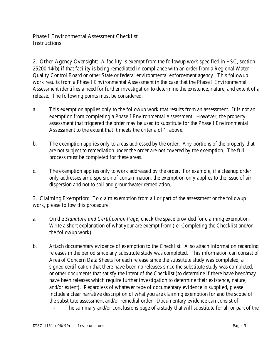 Instructions for DTSC Form 1151 Tiered Permitting Phase I Environmental Assessment Checklist - California, Page 3