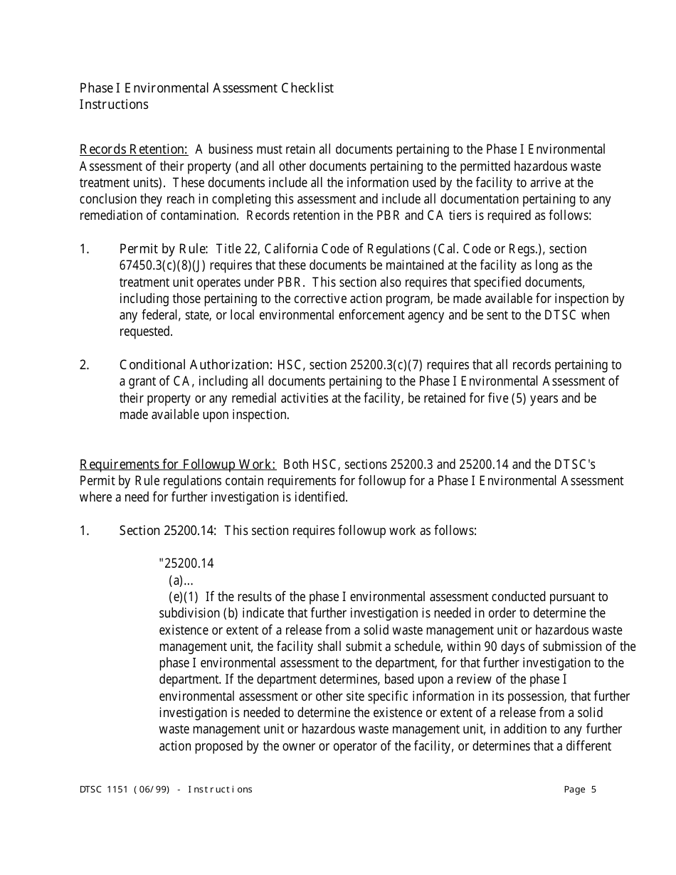 Instructions for DTSC Form 1151 Tiered Permitting Phase I Environmental Assessment Checklist - California, Page 5