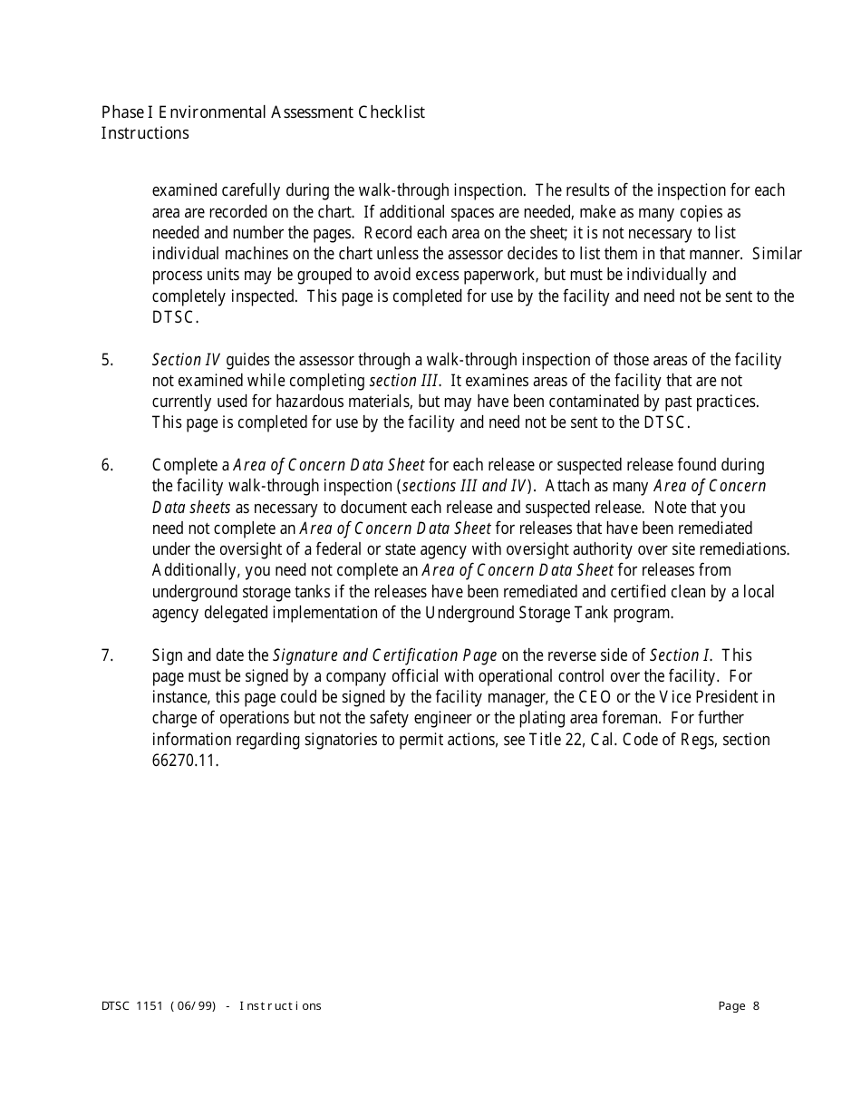 Instructions for DTSC Form 1151 Tiered Permitting Phase I Environmental Assessment Checklist - California, Page 8