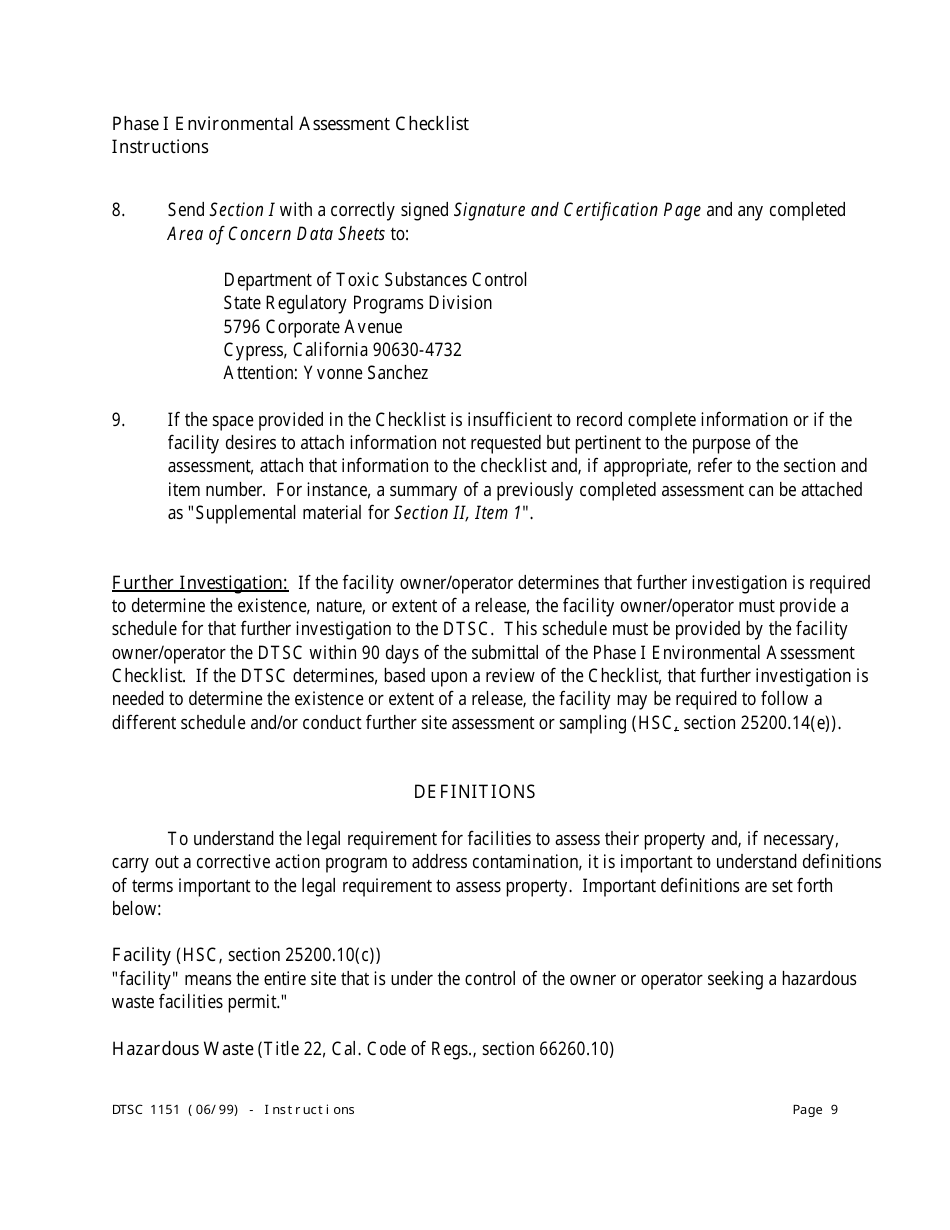Instructions for DTSC Form 1151 Tiered Permitting Phase I Environmental Assessment Checklist - California, Page 9
