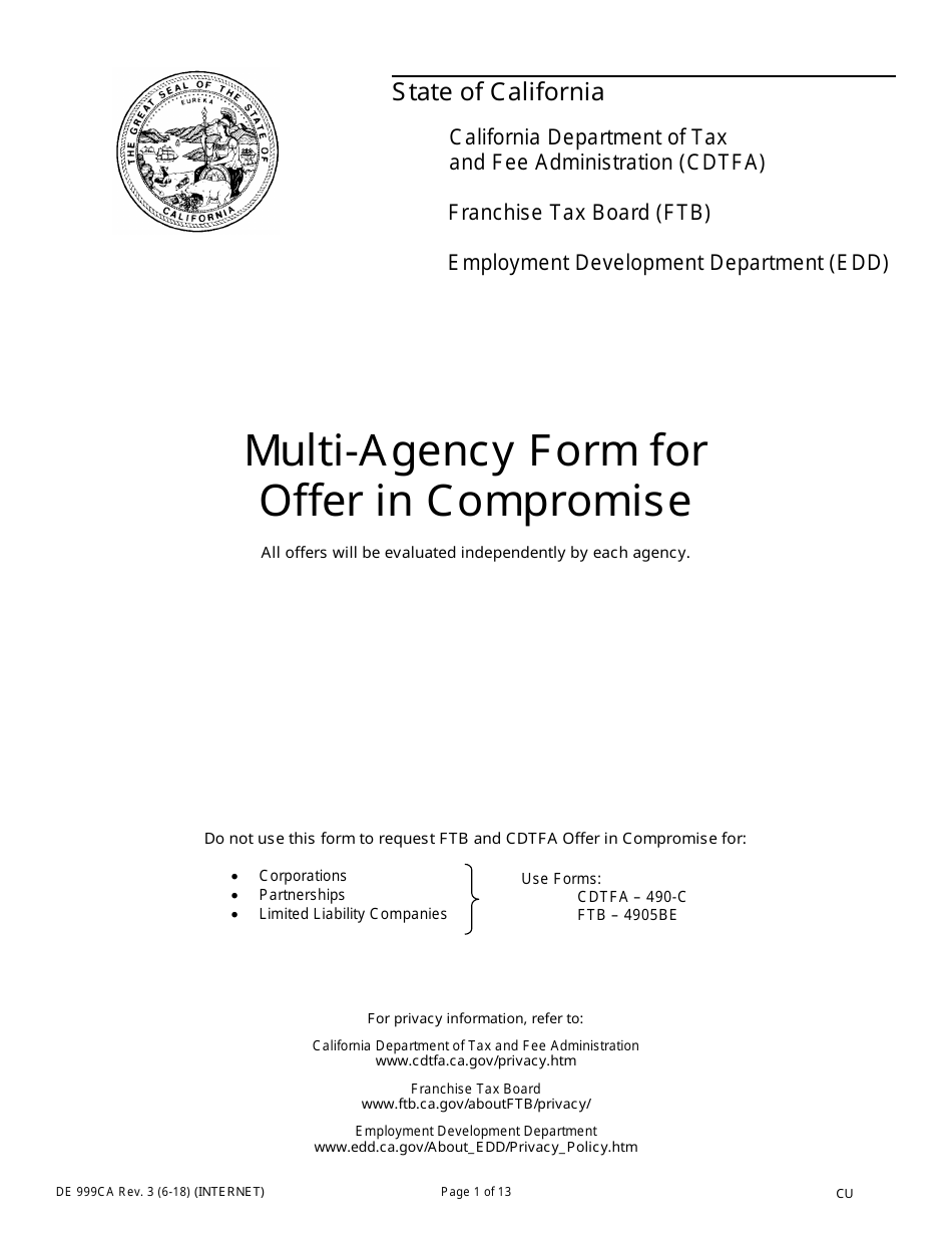 Form DE999CA Multi-Agency Form for Offer in Compromise - California, Page 1
