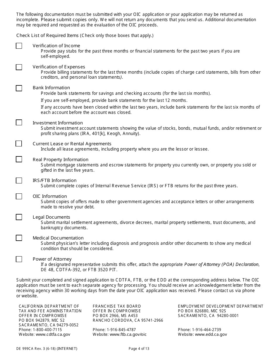 Form DE999CA Multi-Agency Form for Offer in Compromise - California, Page 4