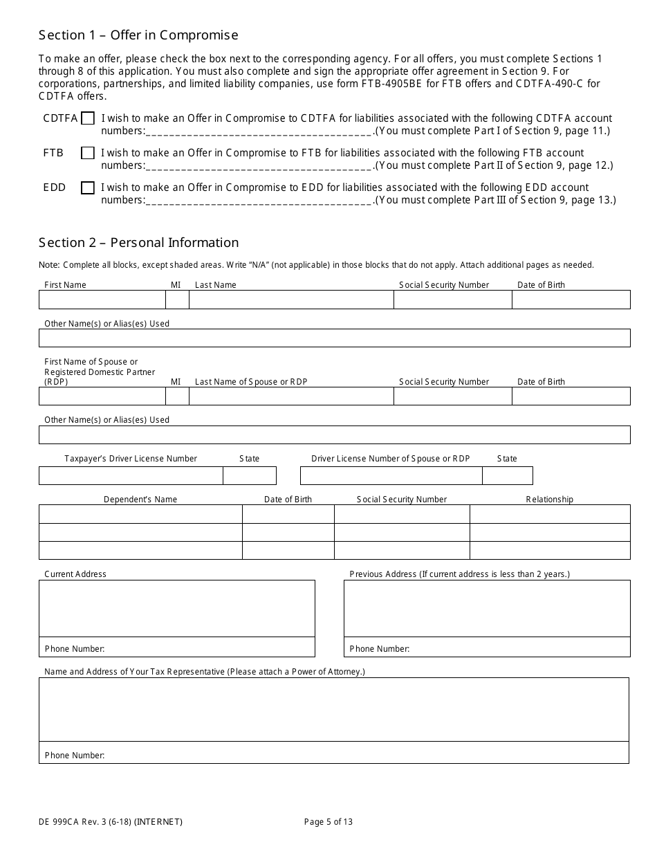 Form DE999CA Multi-Agency Form for Offer in Compromise - California, Page 5