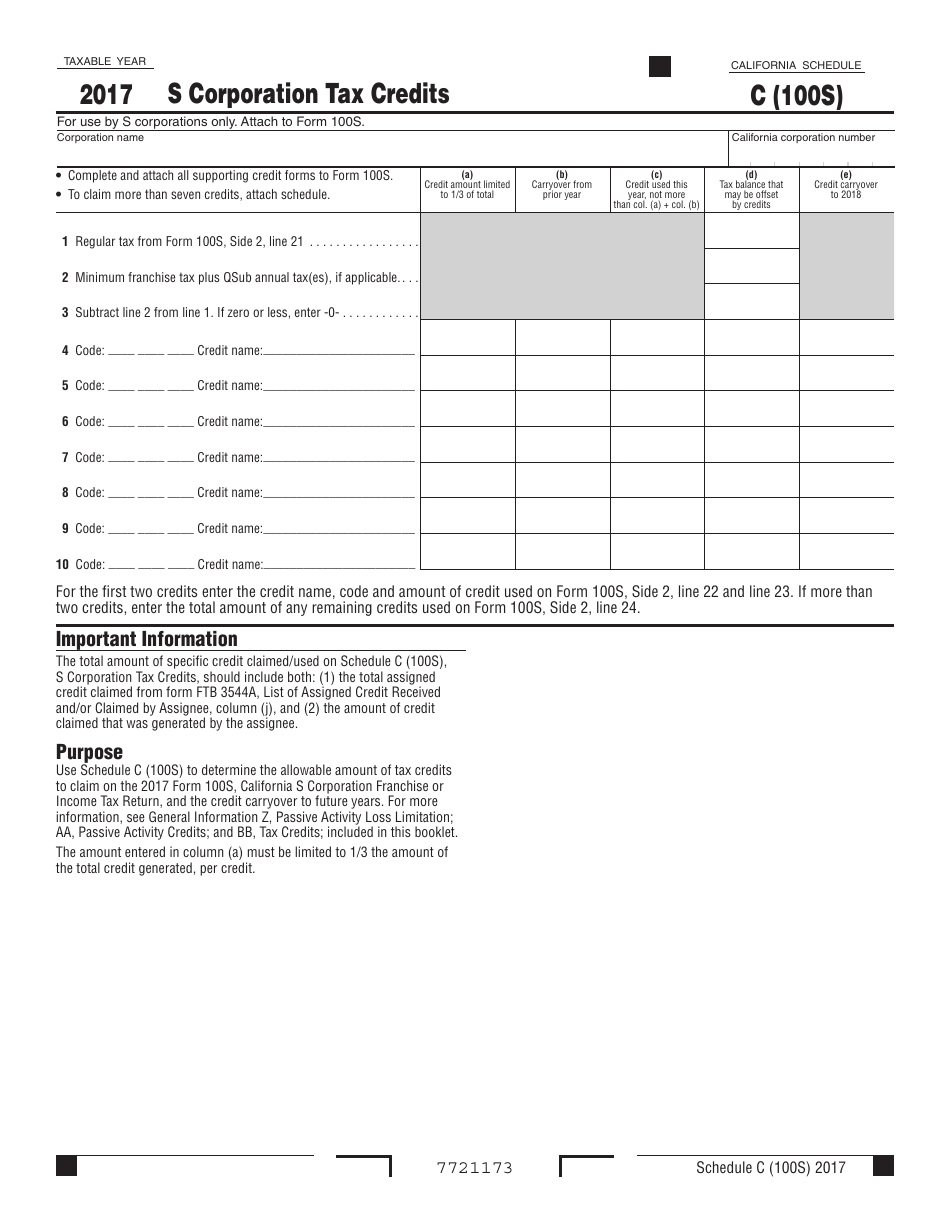 Form 100S Schedule C S Corporation Tax Credits - California, Page 1