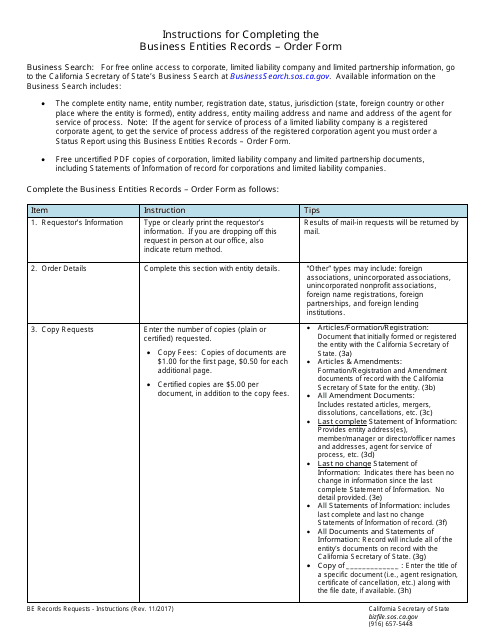 Business Entities Records - Order Form - California Download Pdf