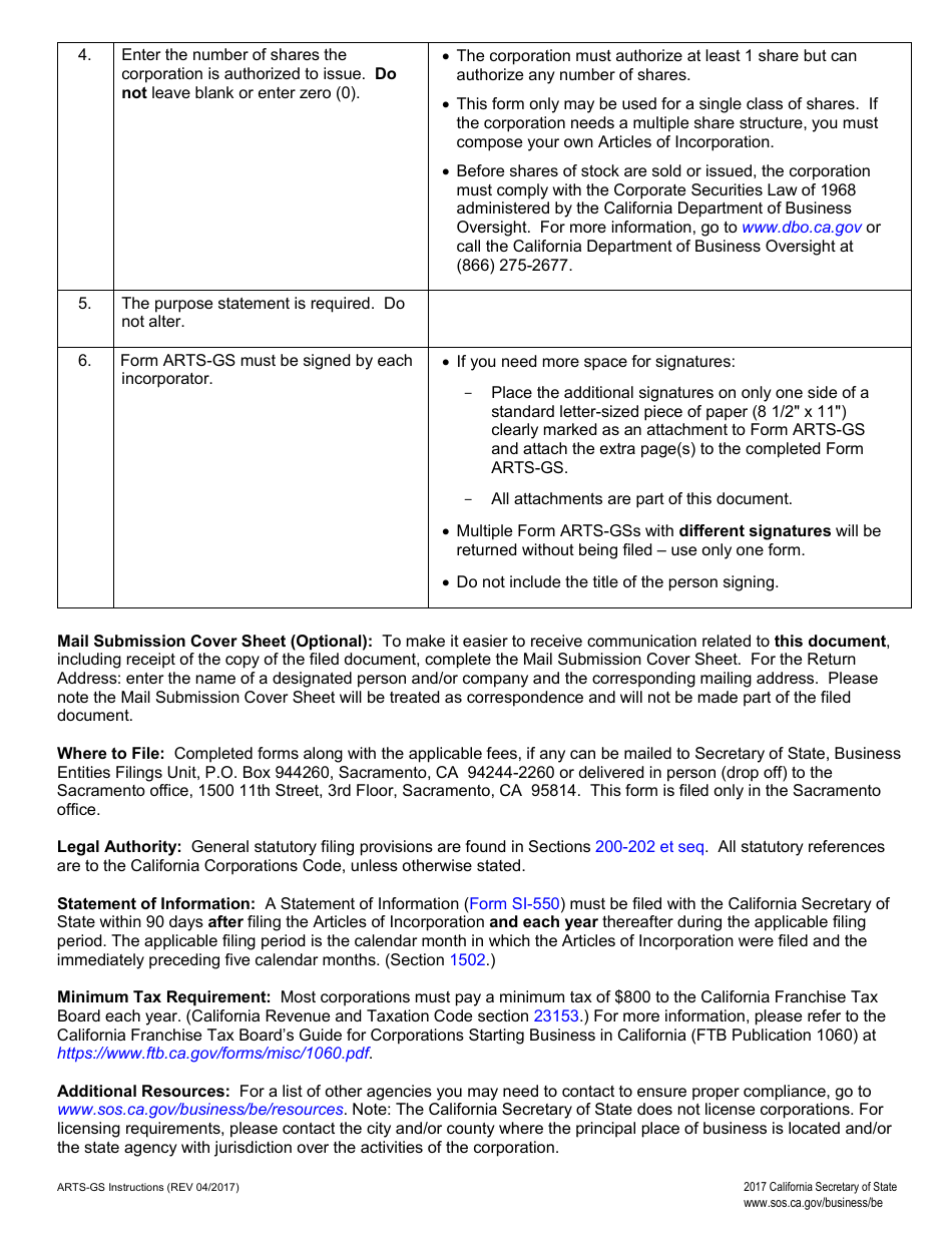 Form ARTS-GS Articles of Incorporation of a General Stock Corporation - California, Page 3