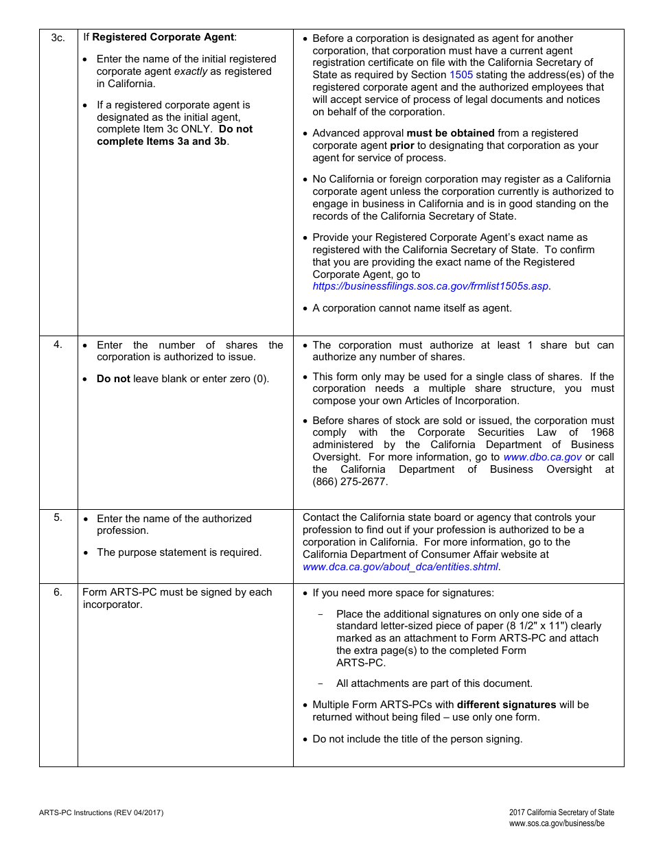 Form ARTS-PC Articles of Incorporation of a Professional Corporation - California, Page 3