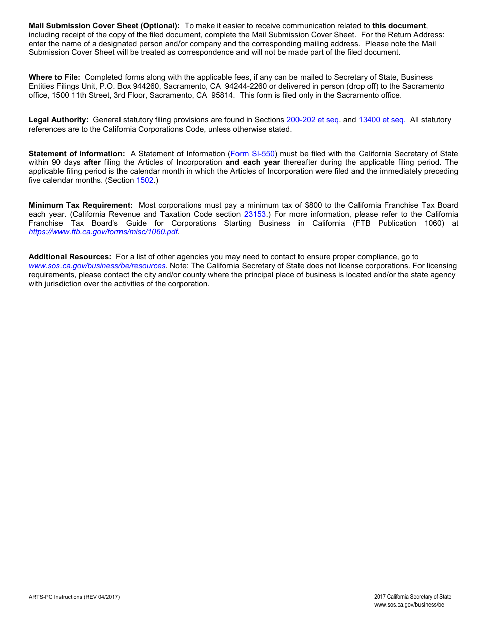 Form ARTS-PC Articles of Incorporation of a Professional Corporation - California, Page 4