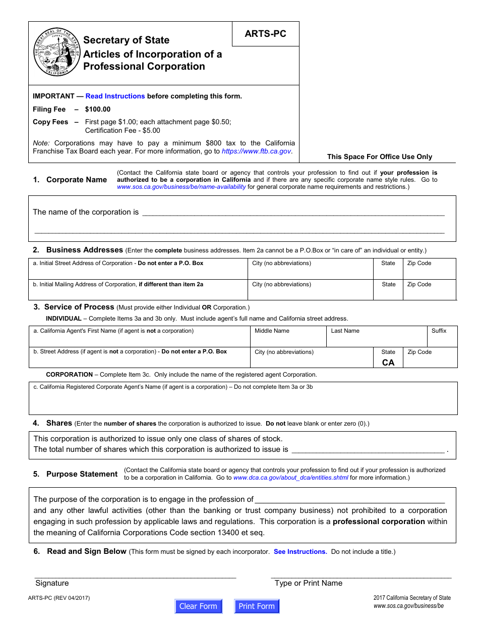 Form ARTS-PC Articles of Incorporation of a Professional Corporation - California, Page 6