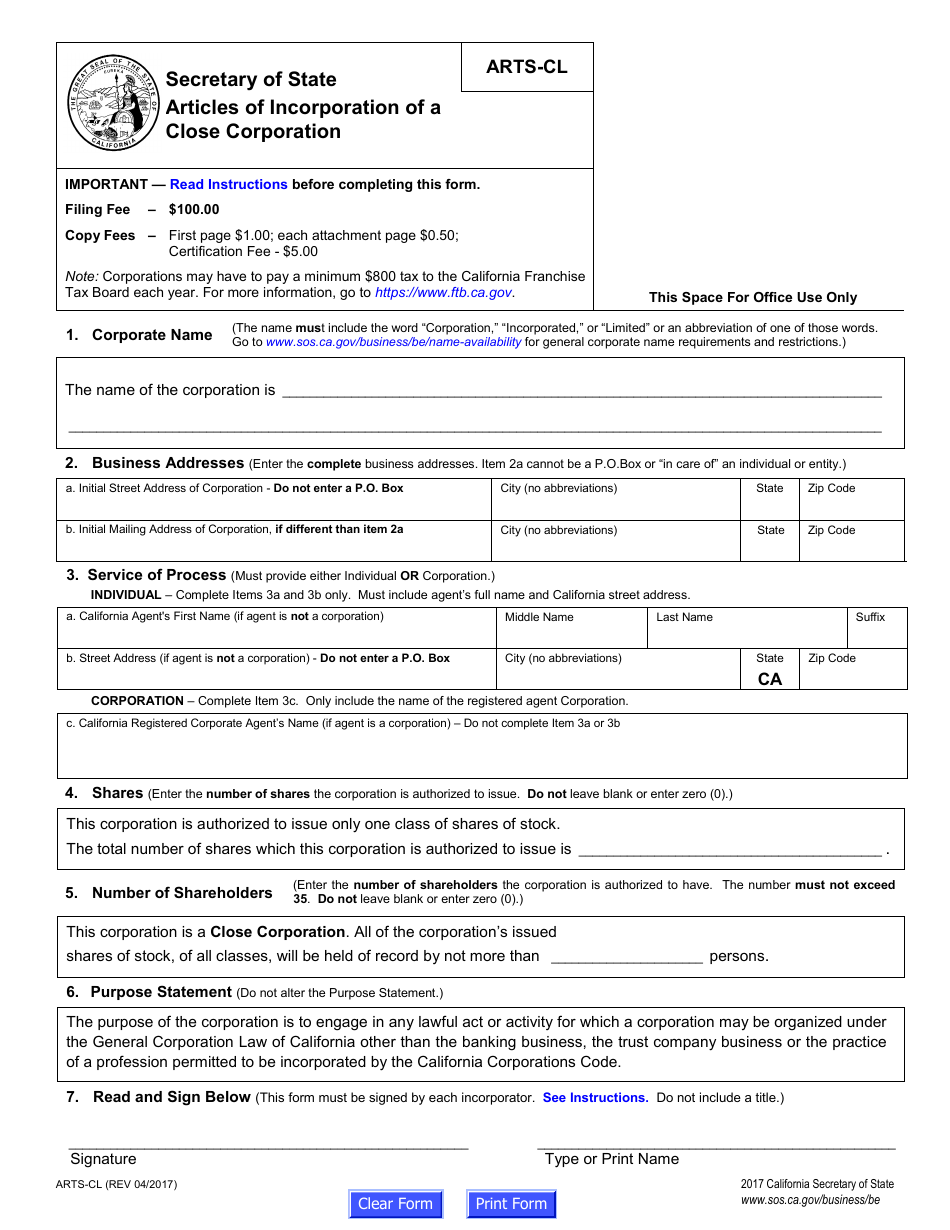 Form ARTS-CL Articles of Incorporation of a Close Corporation - California, Page 6