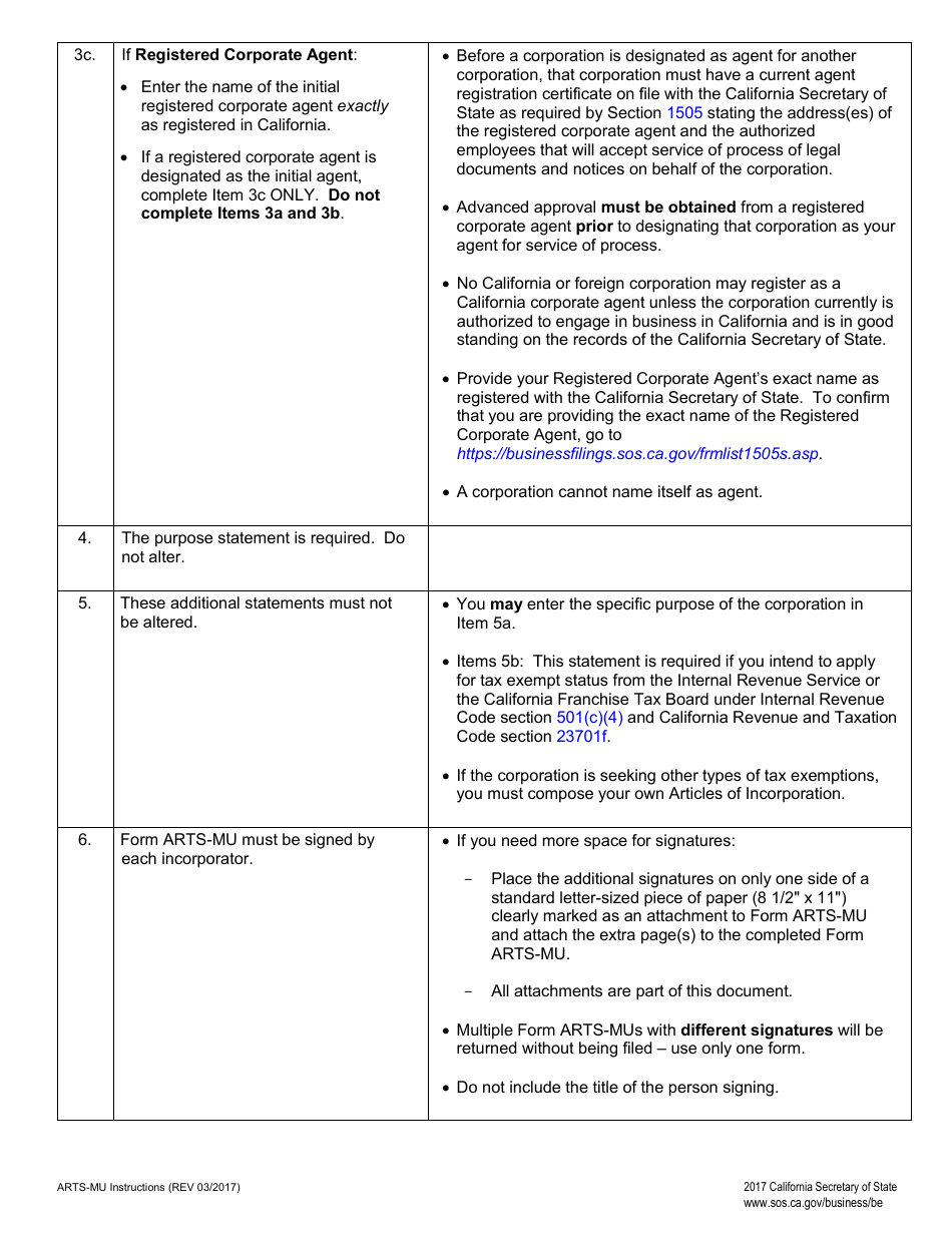 Form ARTS-MU Articles of Incorporation of a Nonprofit Mutual Benefit Corporation - California, Page 3