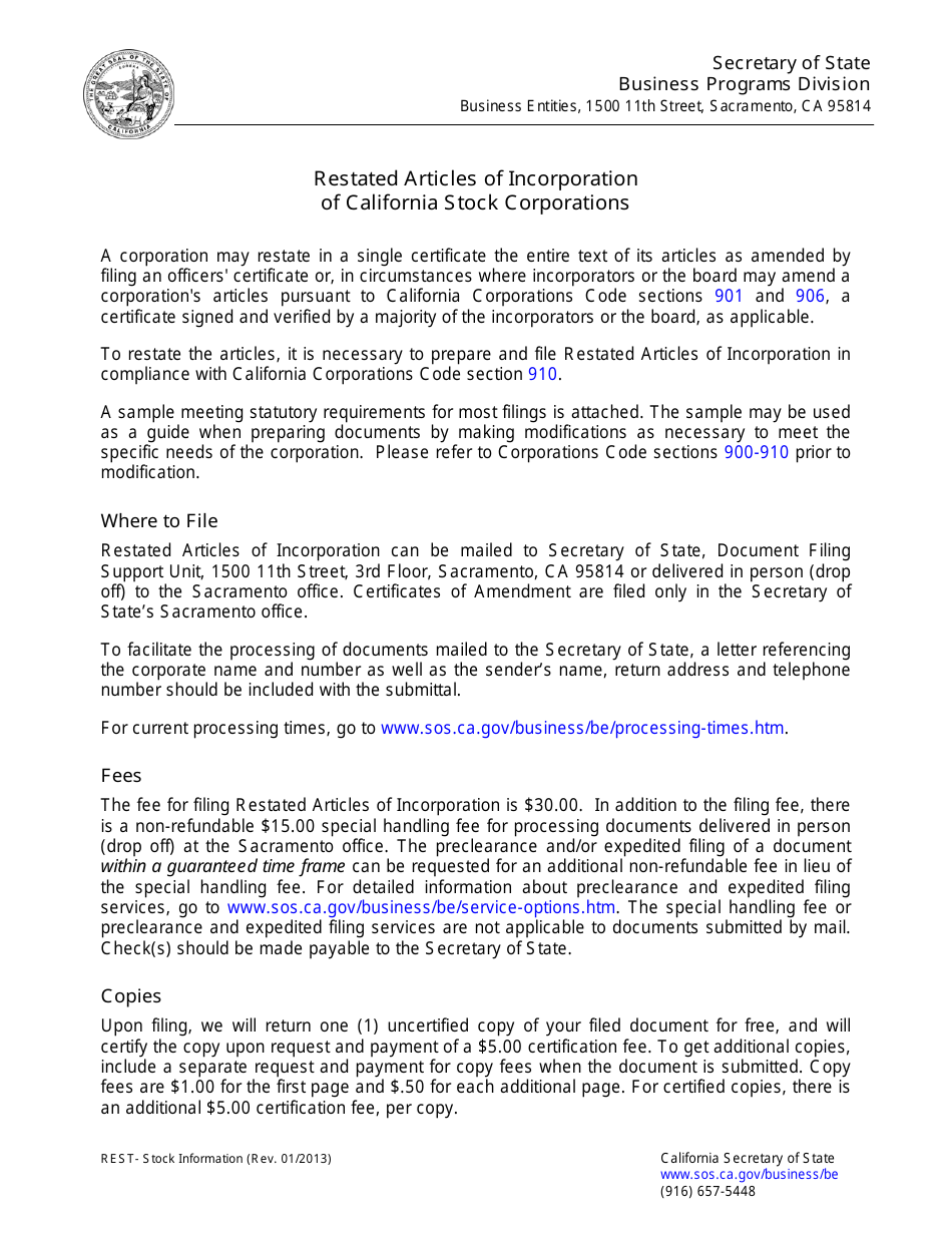 Restated Articles of Incorporation of California Stock Corporations - California, Page 1