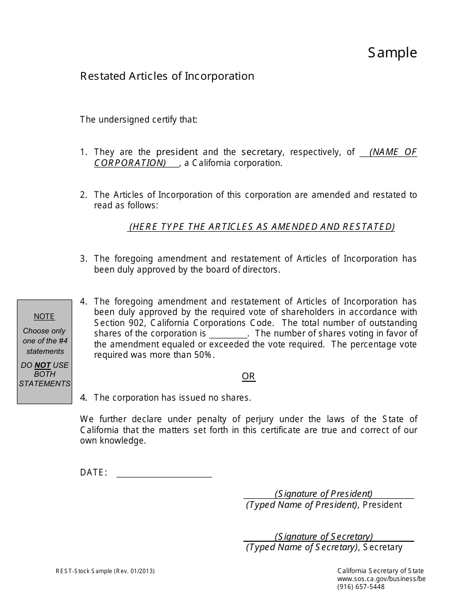 California Restated Articles Of Incorporation Of California Stock Corporations Fill Out Sign 7362