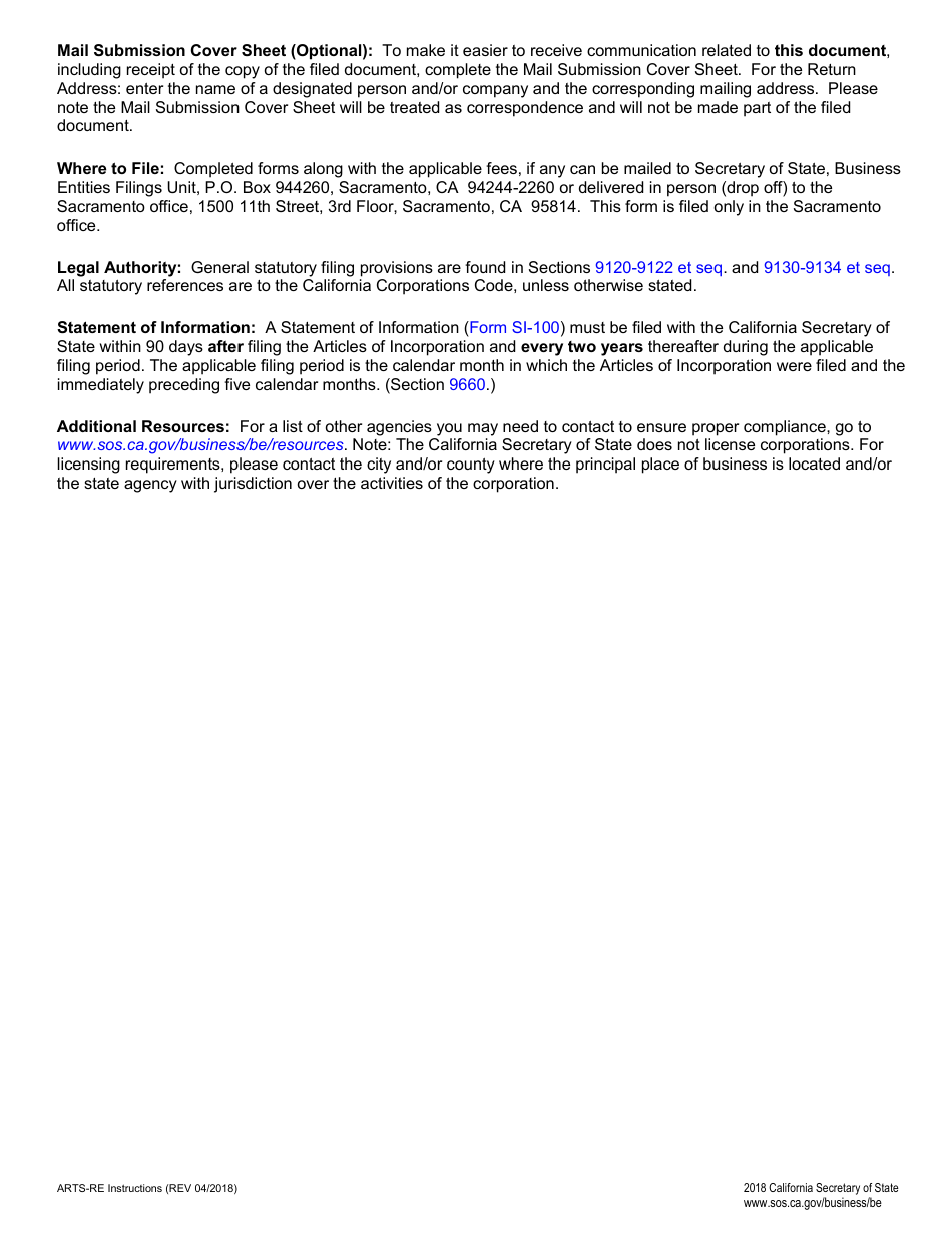 Form ARTS-RE Articles of Incorporation of a Nonprofit Religious Corporation - California, Page 4