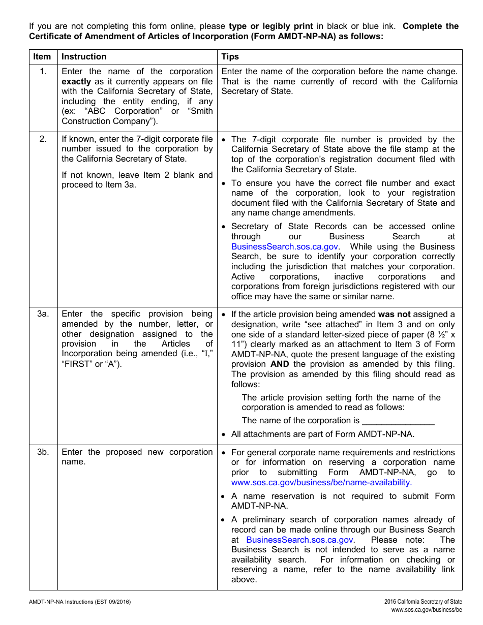 Form AMDT-NP-NA Certificate of Amendment of Articles of Incorporation - Name Change Only - Nonprofit - California, Page 2