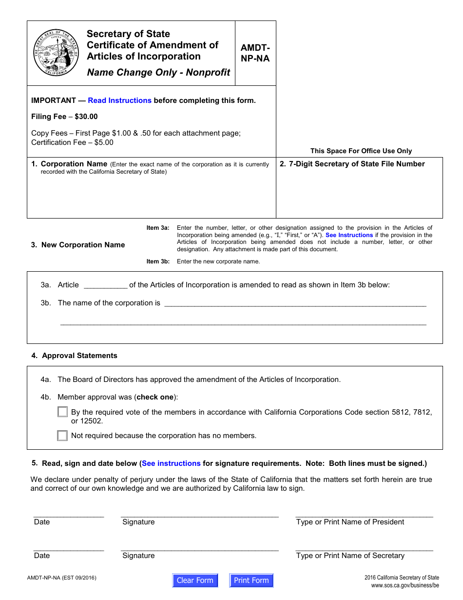 Form AMDT-NP-NA Certificate of Amendment of Articles of Incorporation - Name Change Only - Nonprofit - California, Page 5