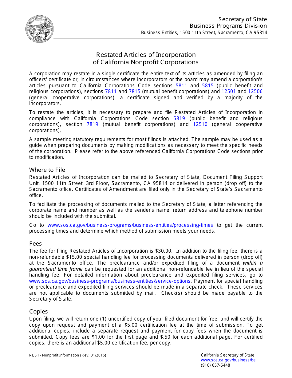 Restated Articles of Incorporation Form - Nonprofit - California, Page 1