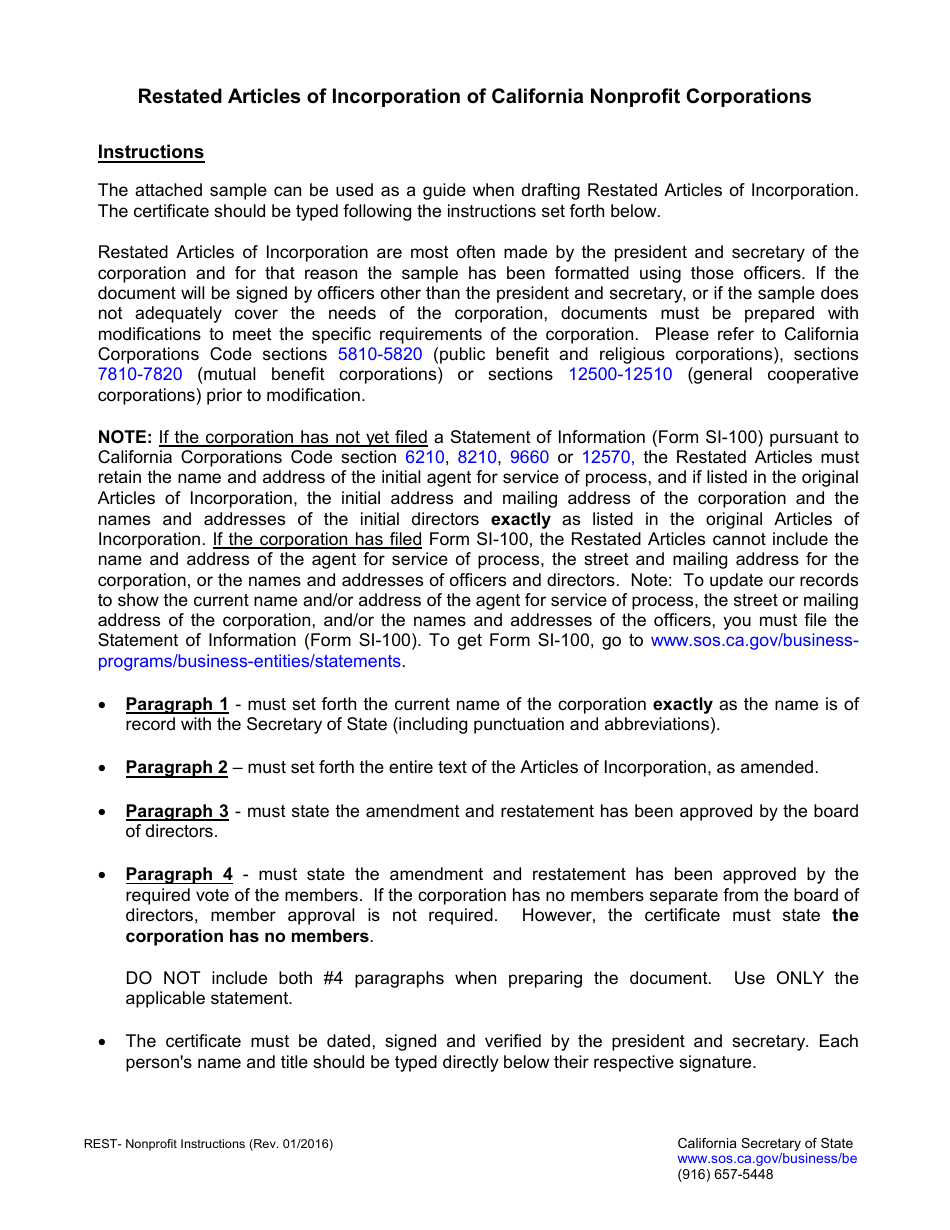 California Restated Articles Of Incorporation Form Nonprofit Fill Out Sign Online And 0778