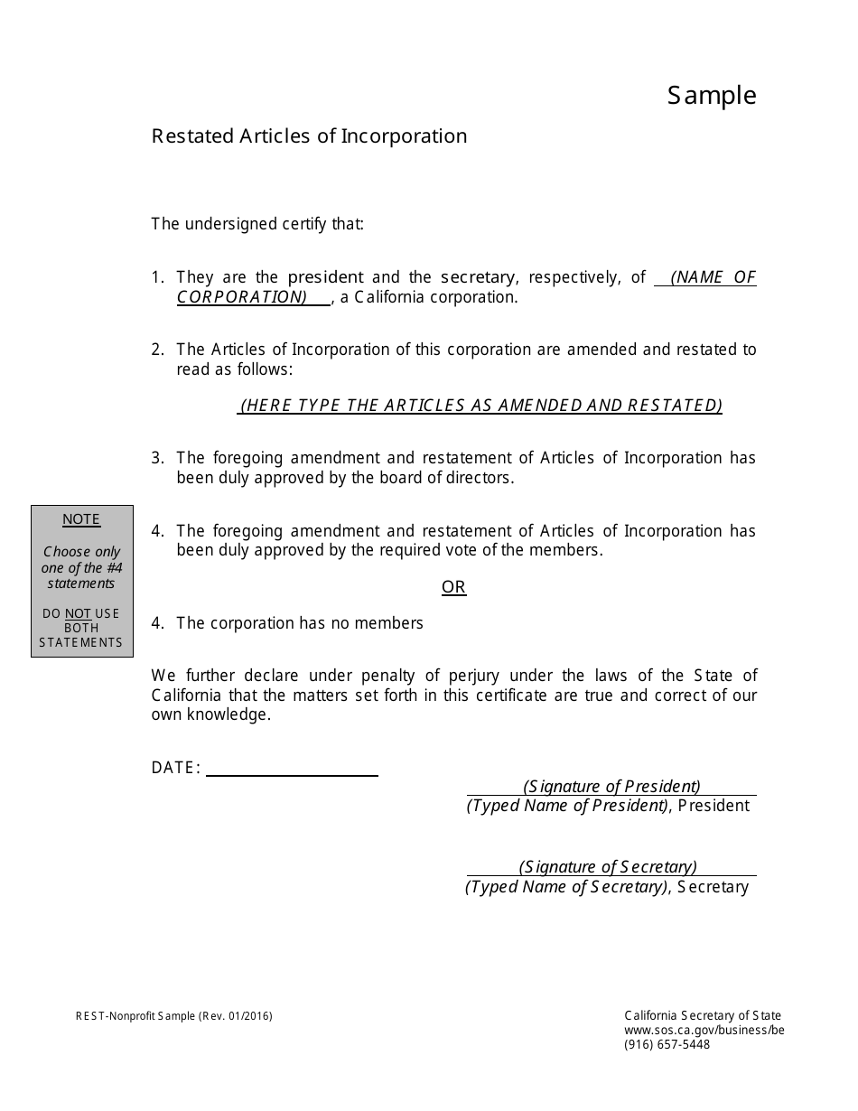 Restated Articles of Incorporation Form - Nonprofit - California, Page 4