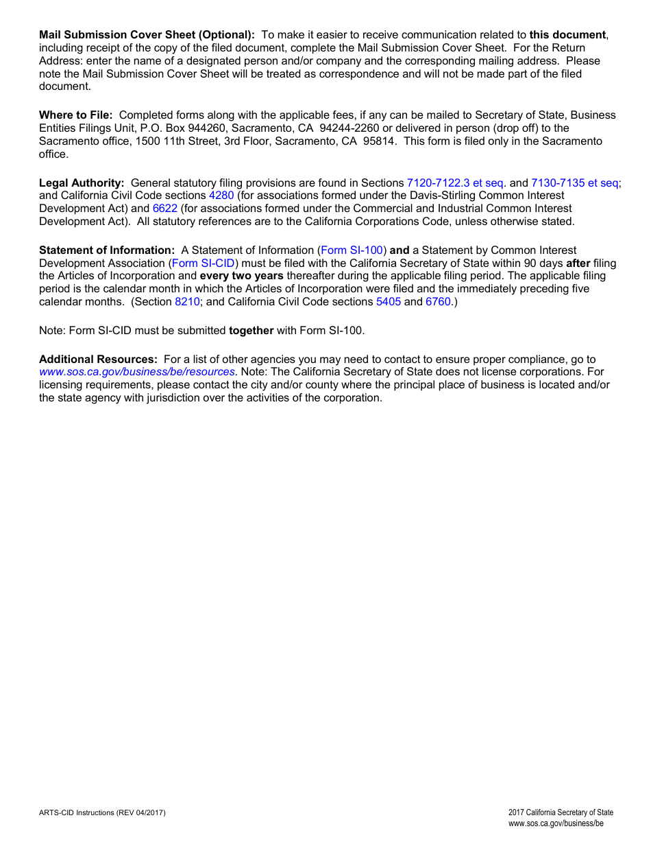 Form ARTS-CID Articles of Incorporation of a Common Interest Development Association - California, Page 4