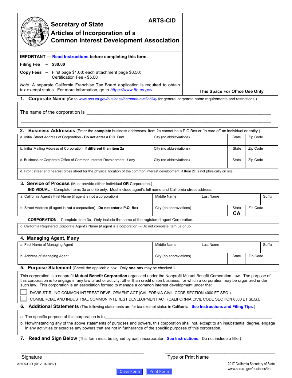 Form ARTS-CID Articles of Incorporation of a Common Interest Development Association - California, Page 6