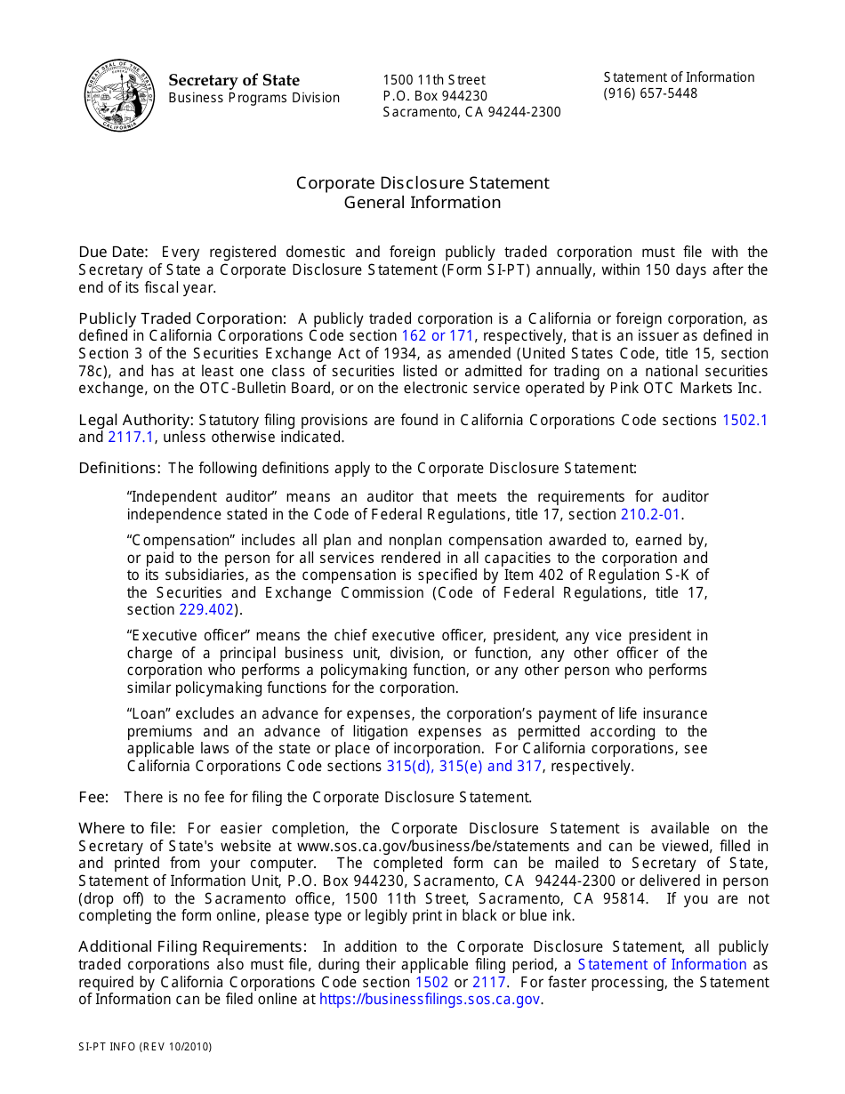 Form SI-PT Corporate Disclosure Statement (Domestic Stock and Foreign Corporations) - California, Page 1