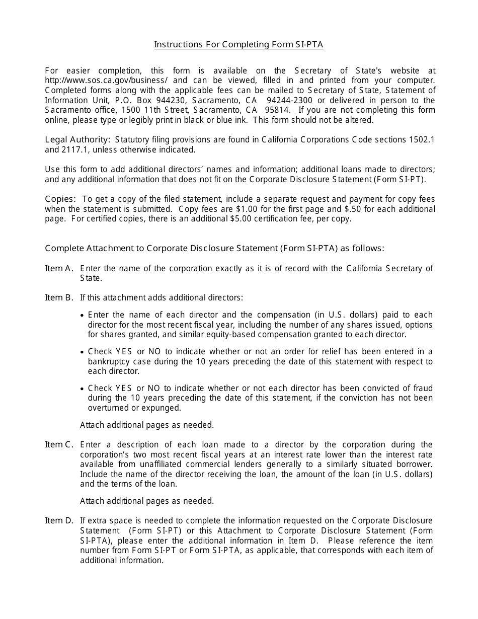 Form SI-PT Corporate Disclosure Statement (Domestic Stock and Foreign Corporations) - California, Page 4
